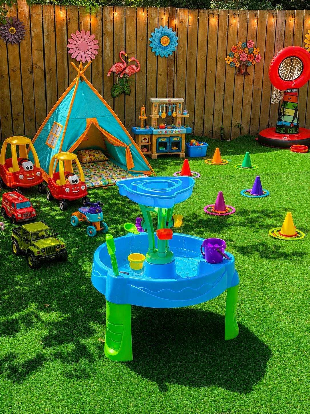 Backyard play area with a blue tent, toy cars, a water table, and a disc golf hoop