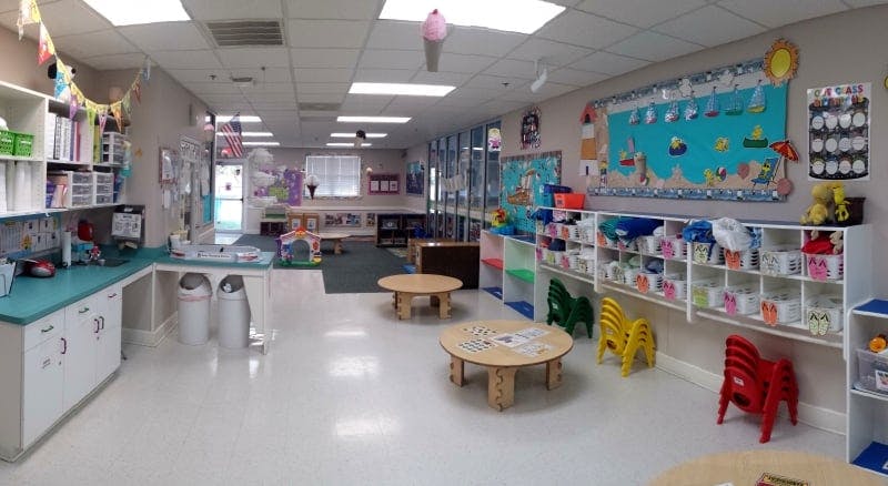 Empty classroom with small tables and chairs