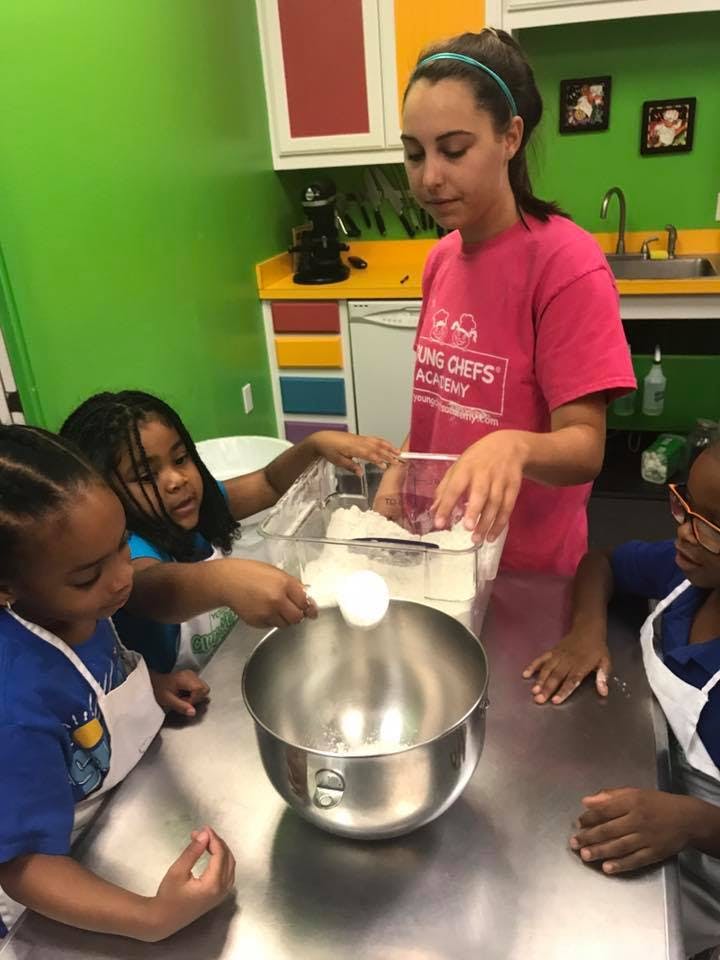 Adult and children cooking in a kitchen