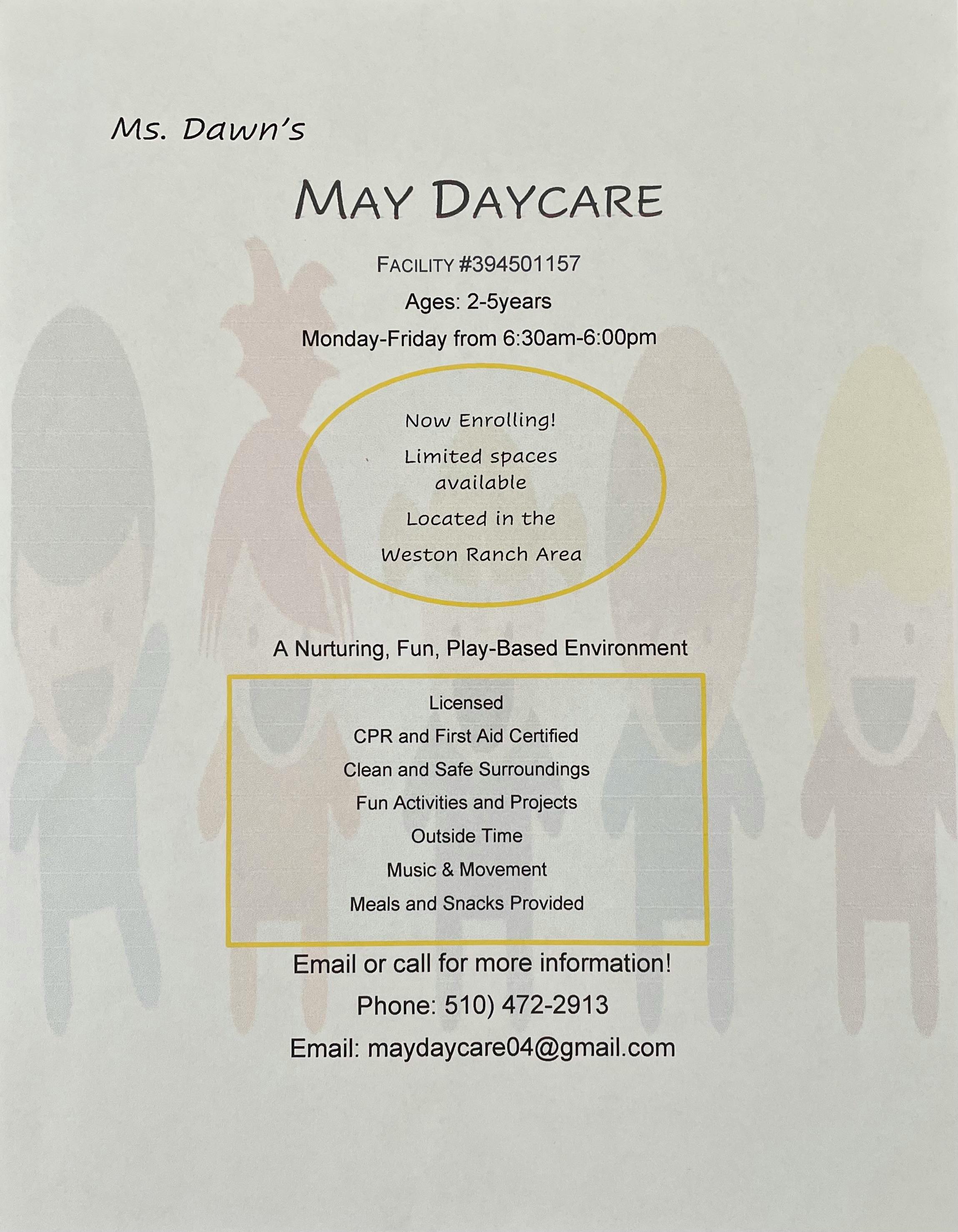 May Daycare flyer with details about services and contact information