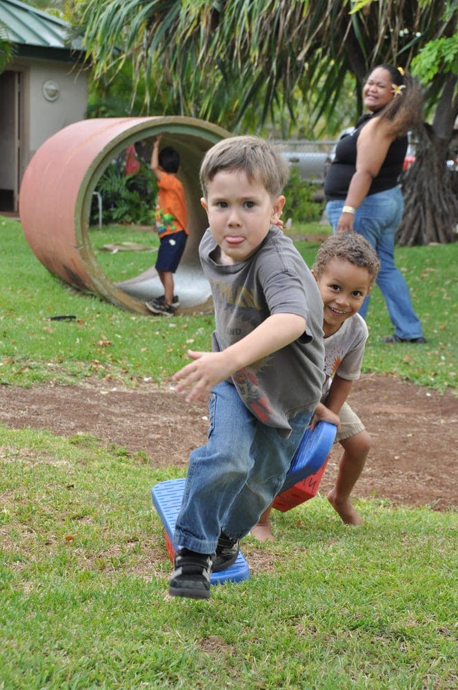 Two children playing on a seesaw in a grassy area