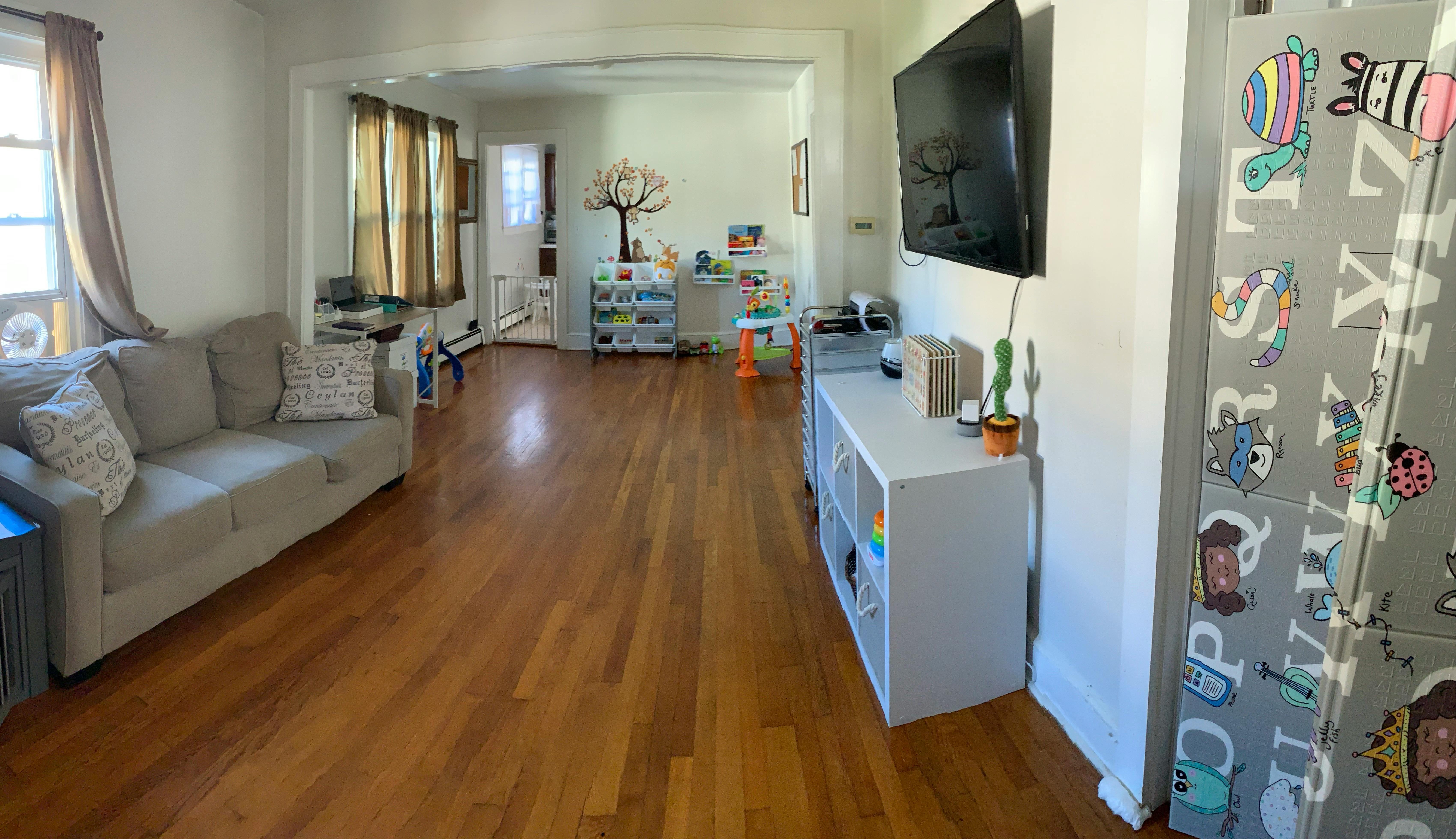 Living room with a sofa, television, and wooden floor