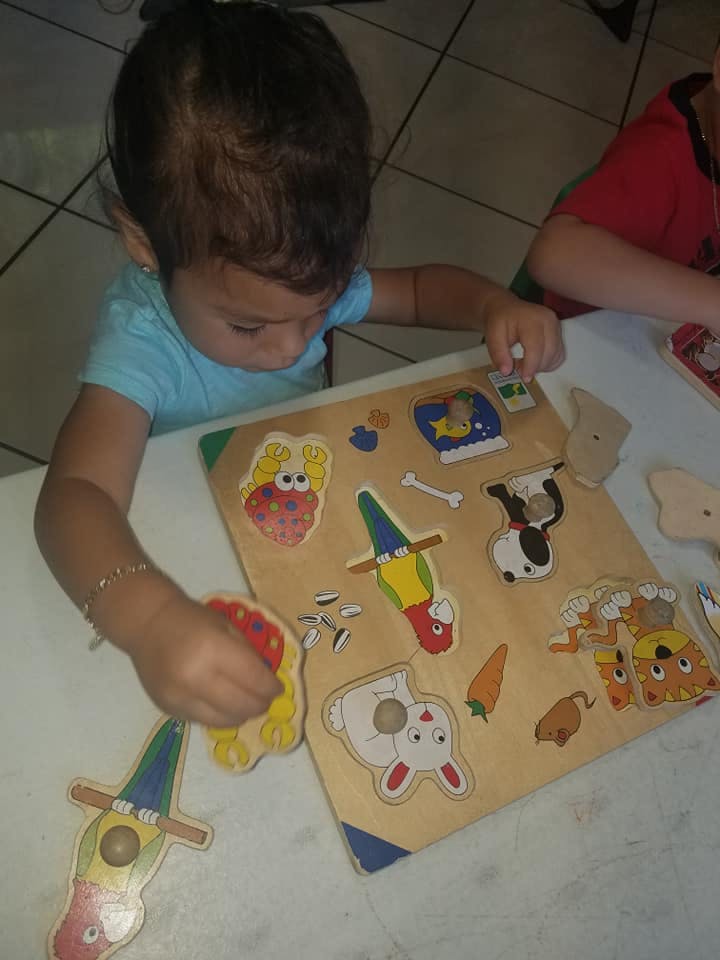 Child playing with a wooden animal puzzle
