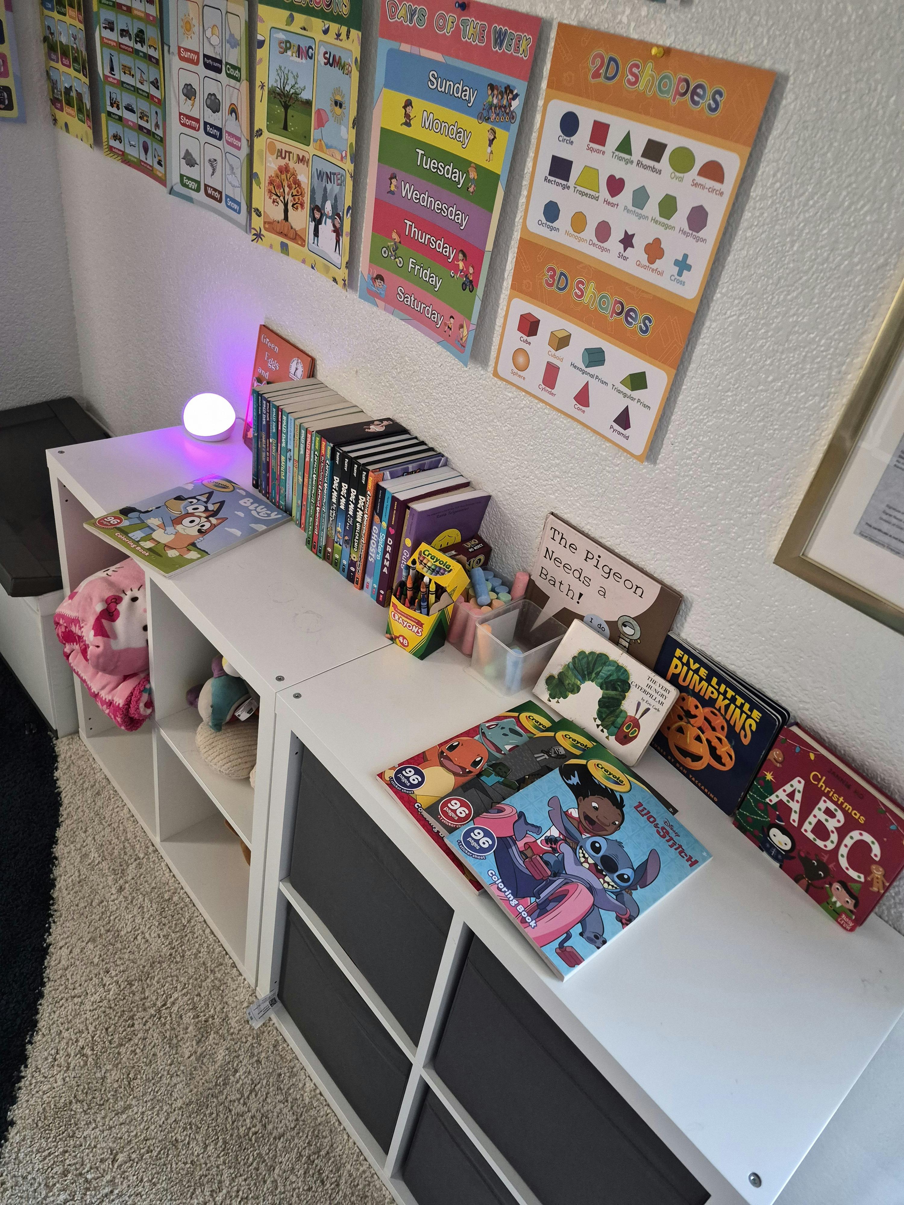 White bookshelves with children books, educational wall posters, and art supplies