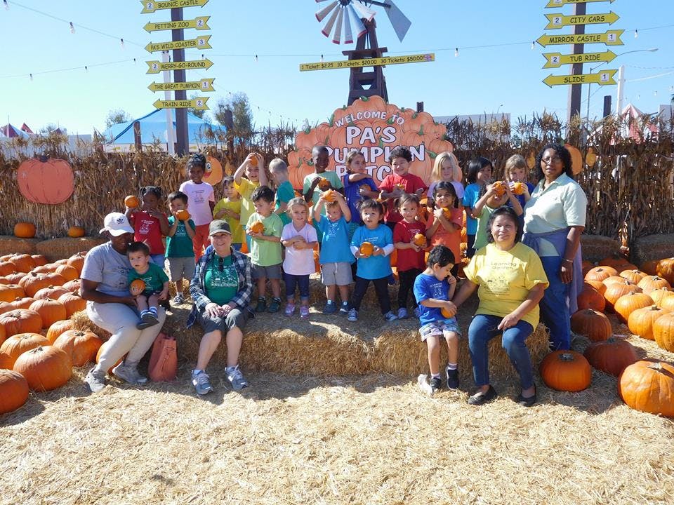 Group of adults and children at a pumpkin patch