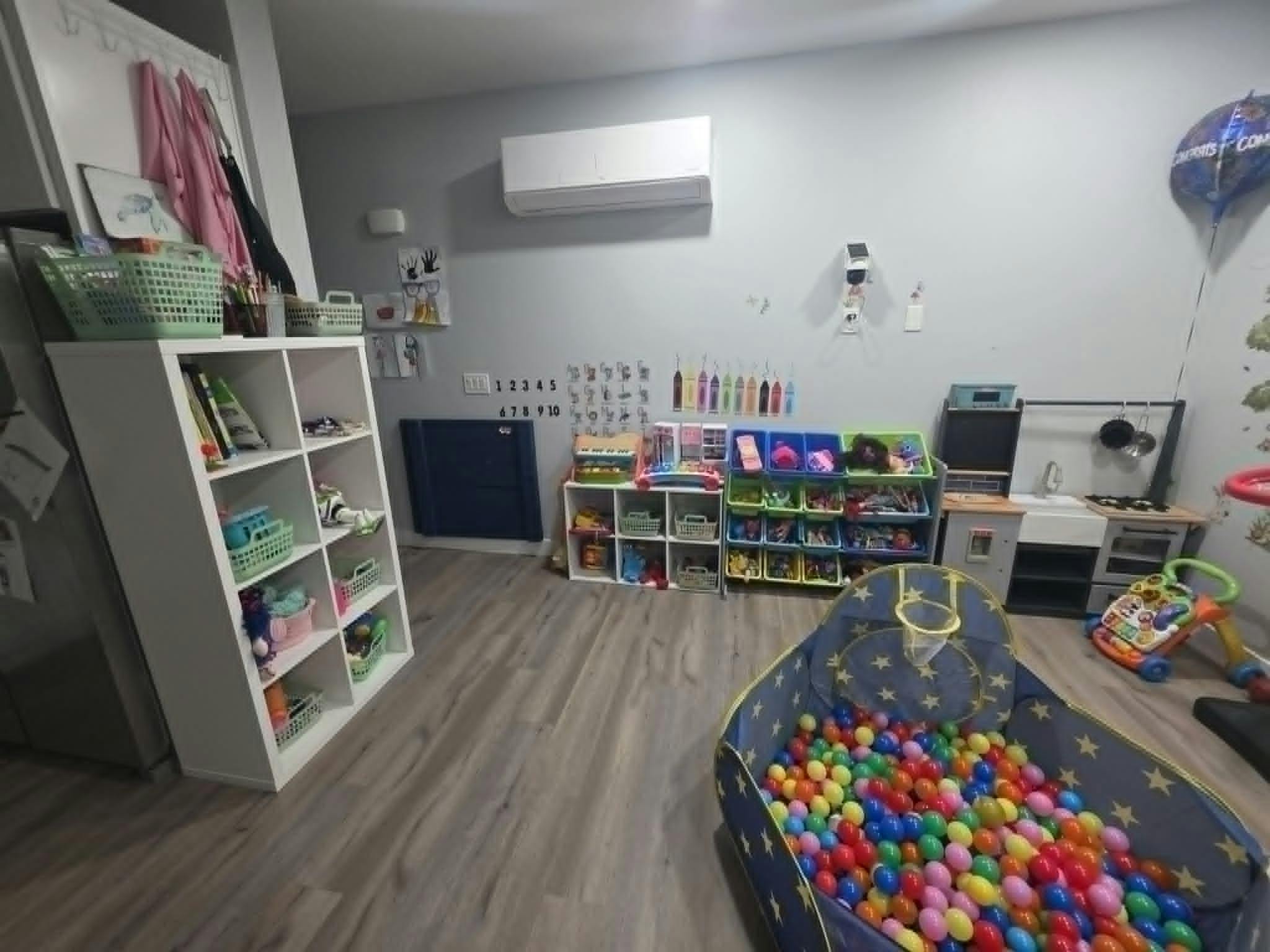 Playroom with a ball pit, shelves of toys, and a play kitchen