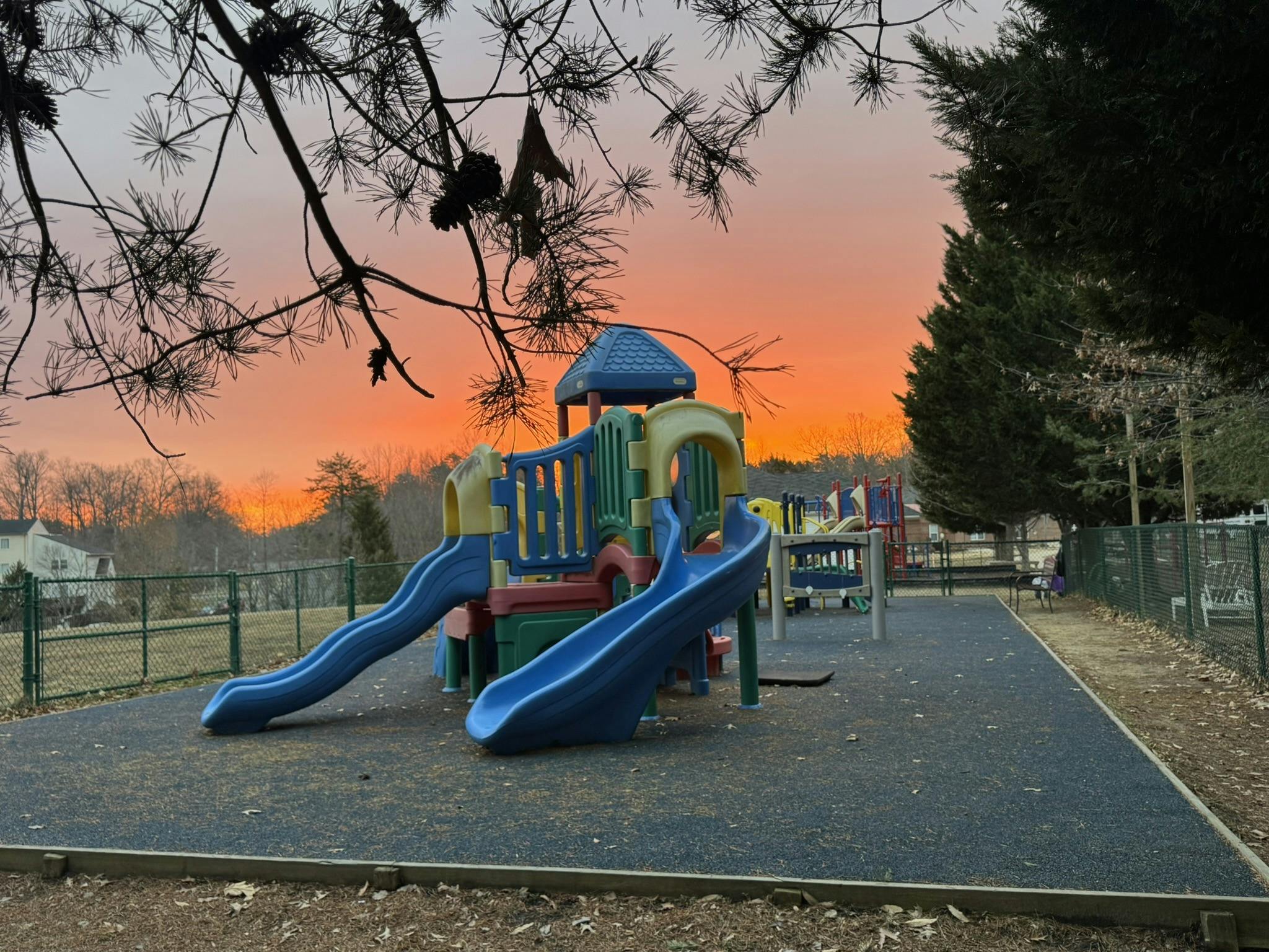 Playground equipment against an orange sunset sky with pine needles in foreground