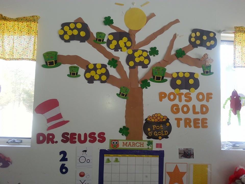 Classroom wall decorated with a tree, pots of gold, shamrocks, and Dr. Seuss text