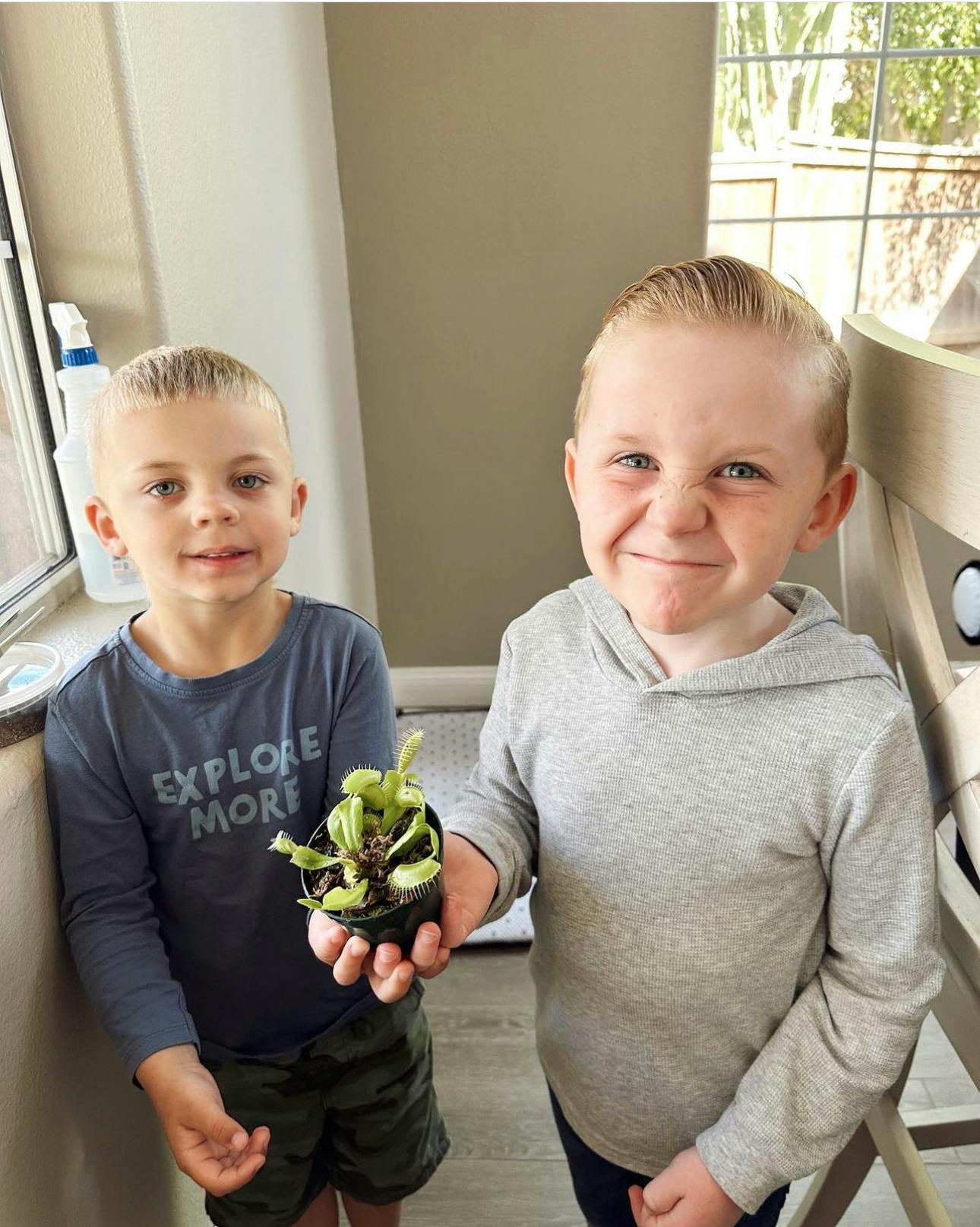 Two children holding a potted plant with a Venus flytrap plant