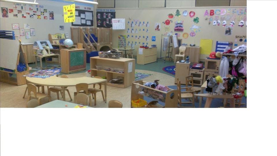 An empty early childhood classroom with various learning centers and small furniture