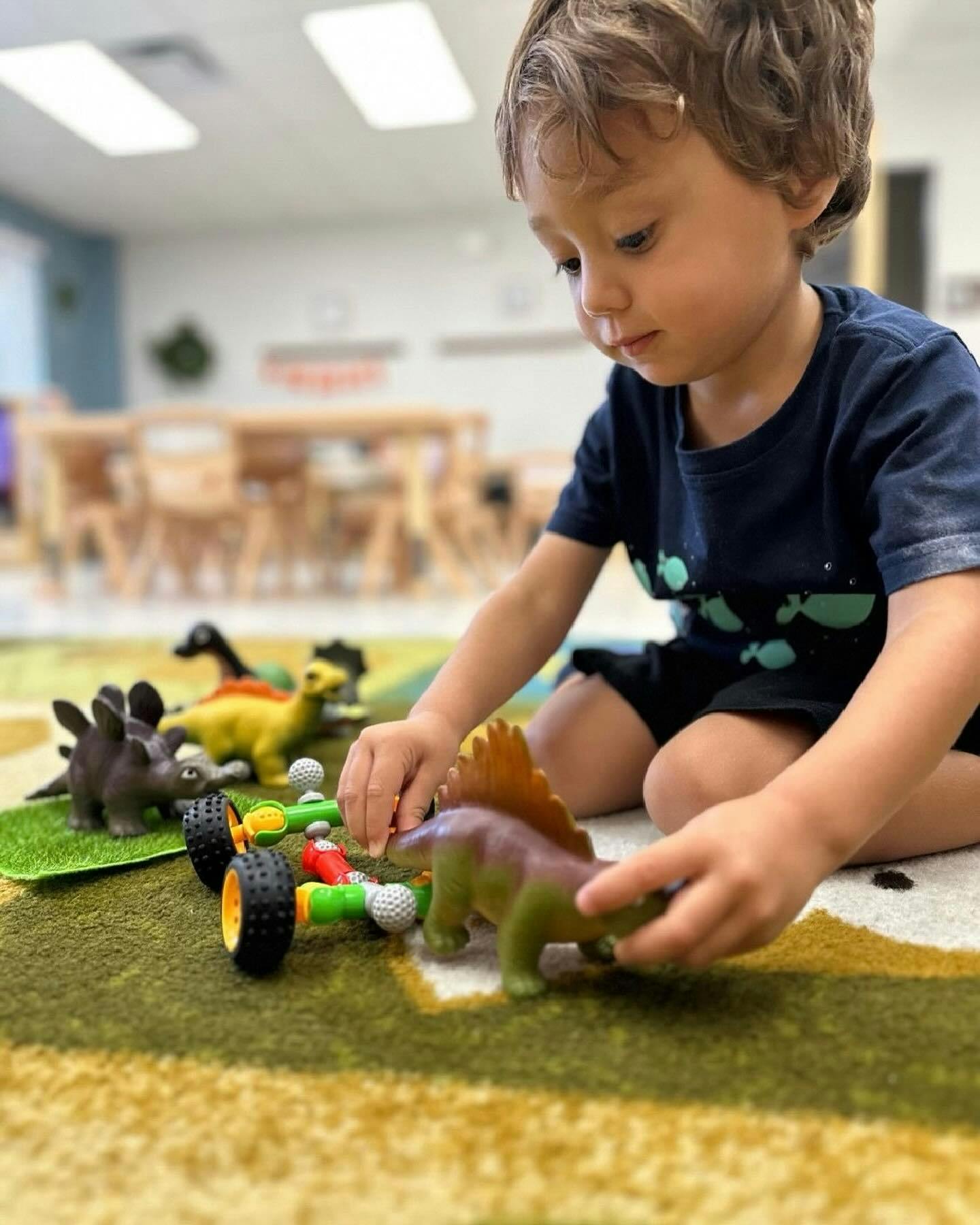 Child playing with dinosaur toys and a toy car on a rug