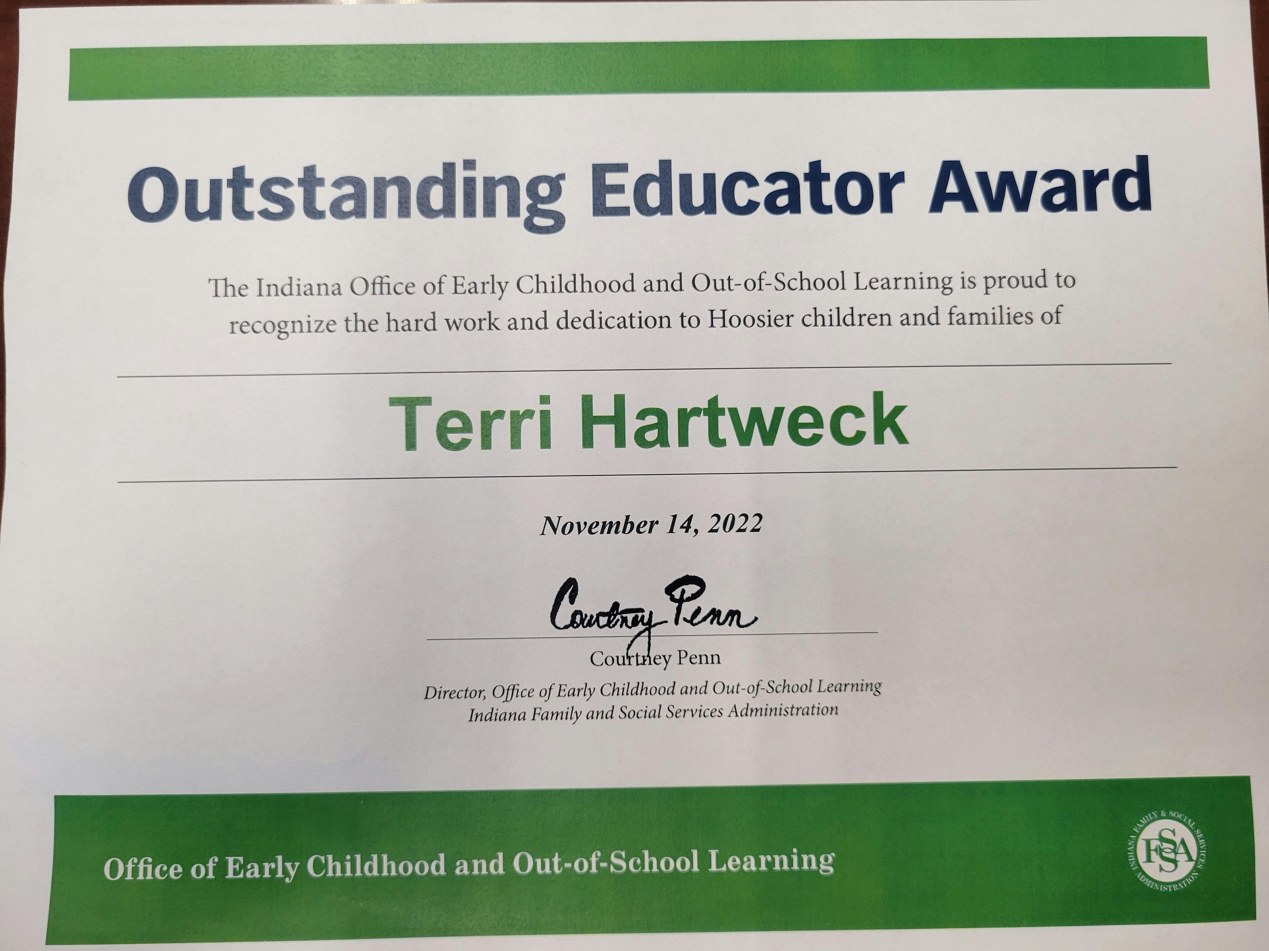 Outstanding Educator Award certificate for Terri Hartweck