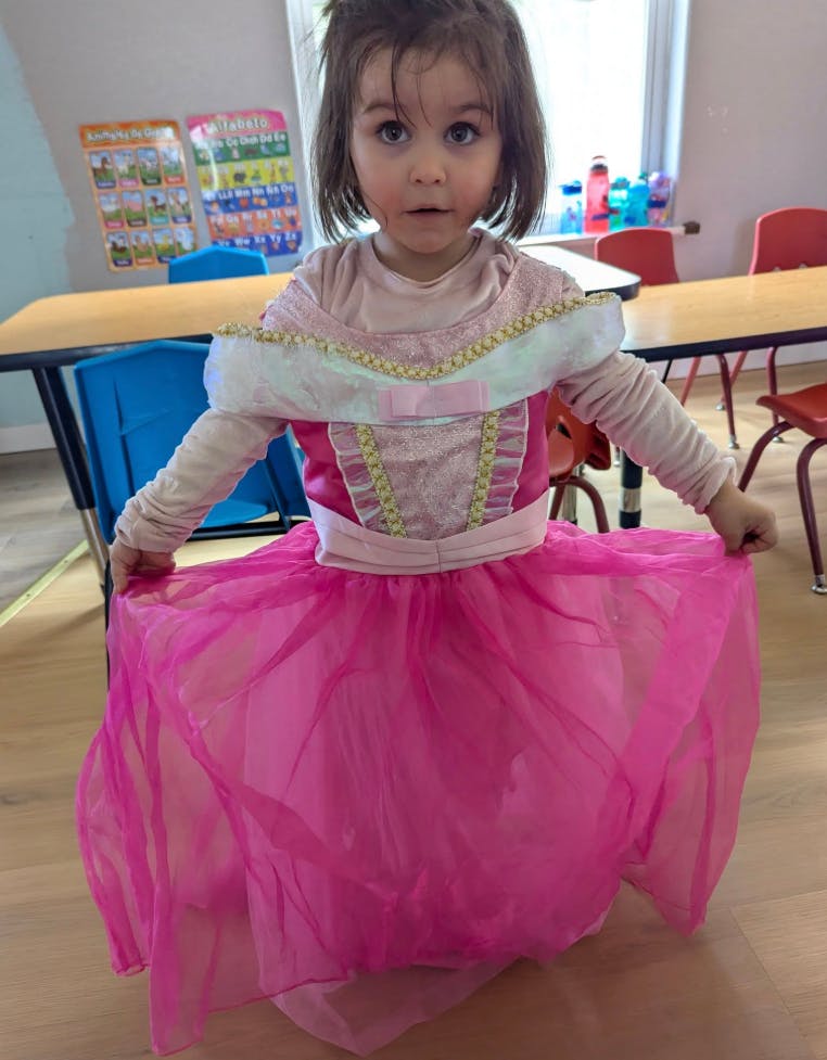 Child in a pink dress holding out the skirt