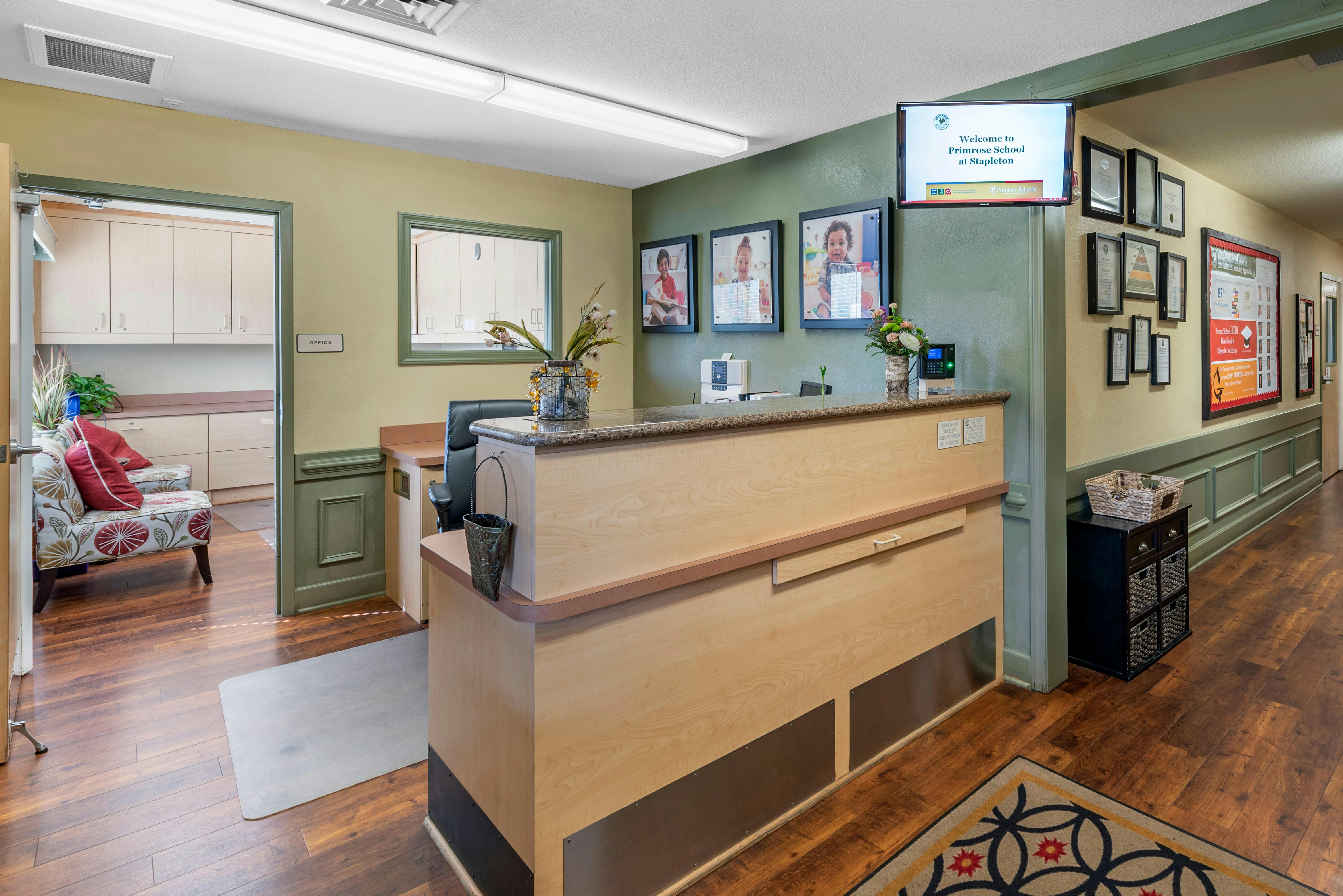 Reception desk in an office with a waiting area