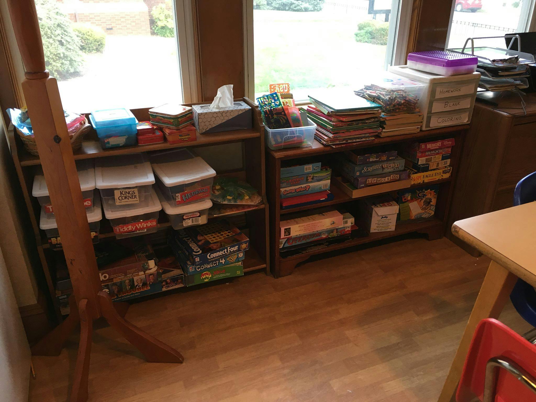 Shelves filled with books, games, and storage containers