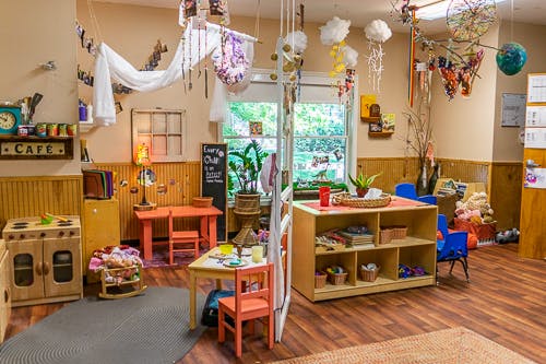 Playroom with small tables, chairs, and toys