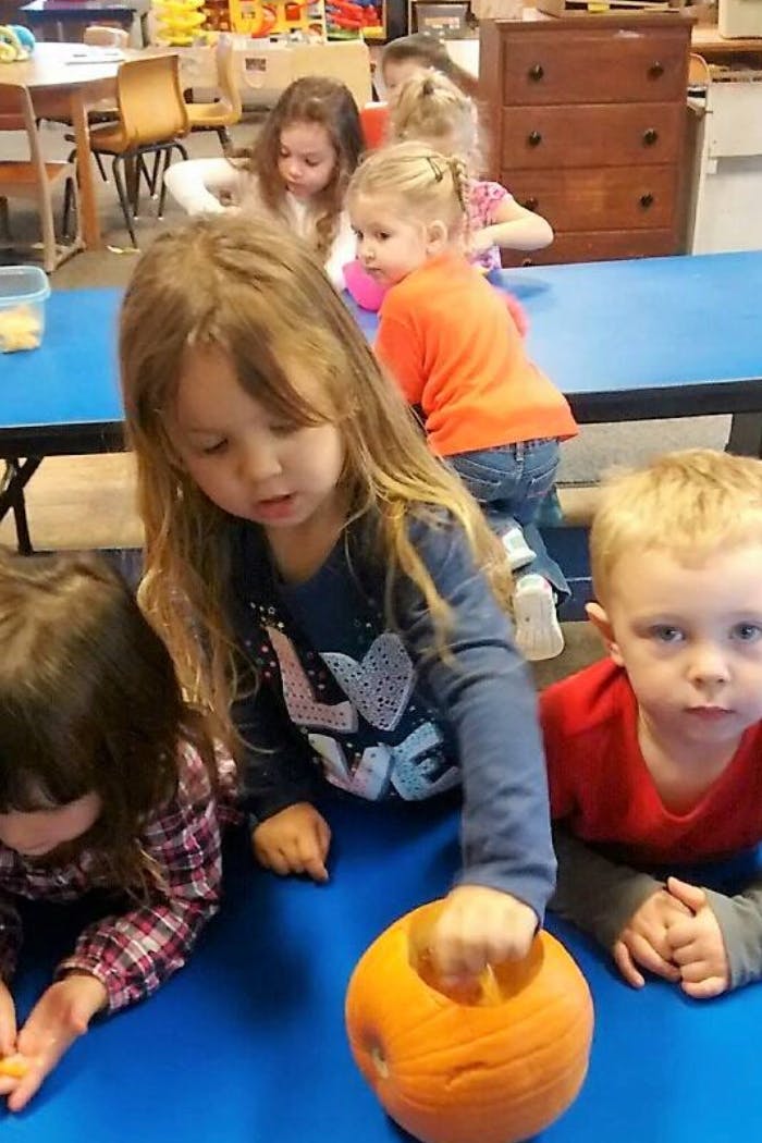Children carving pumpkins at a pumpkin