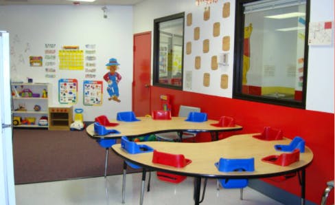 Classroom with two tables and chairs