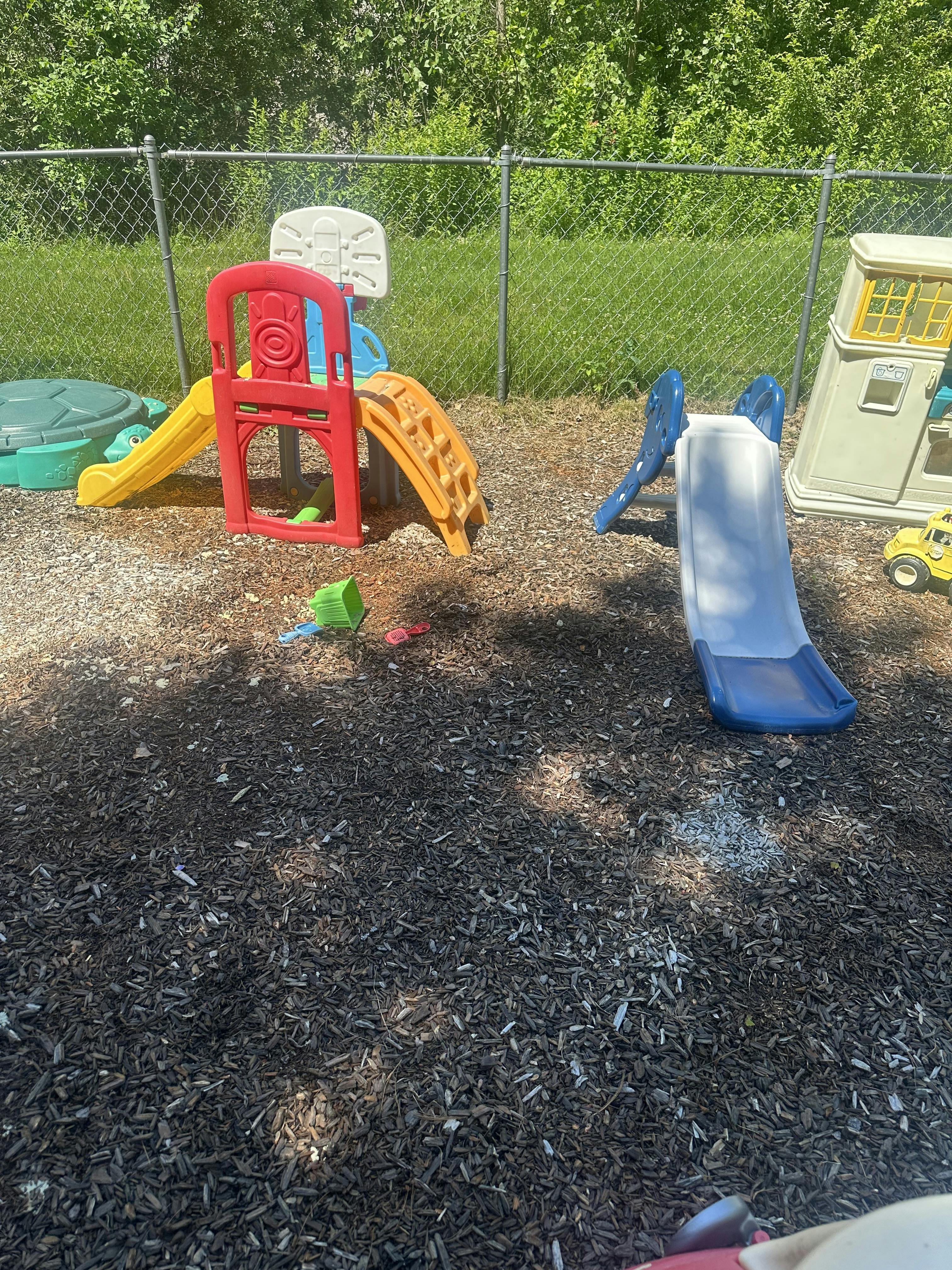 Plastic slides and play equipment on wood mulch in a backyard