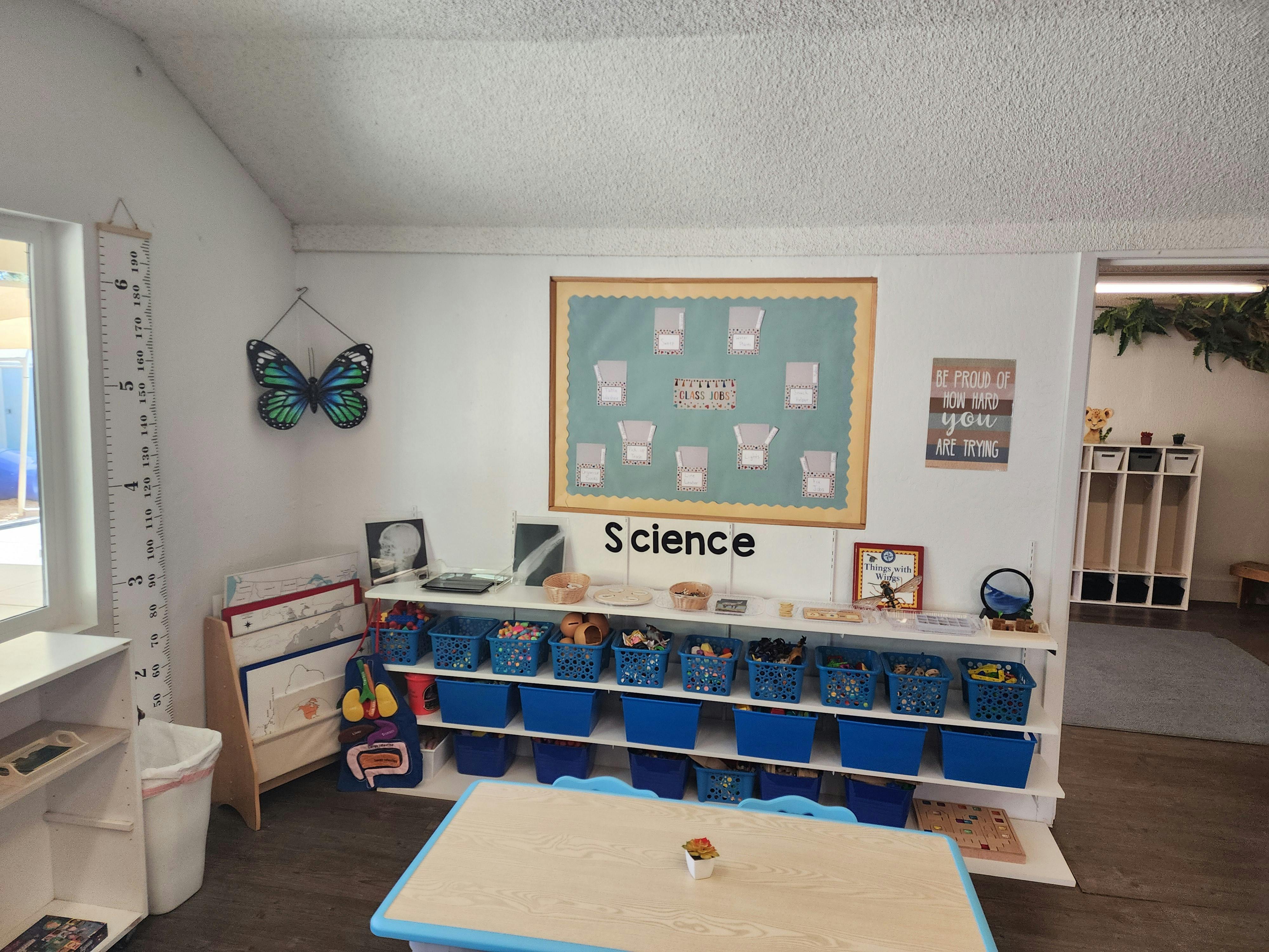Classroom with a science display and blue storage bins