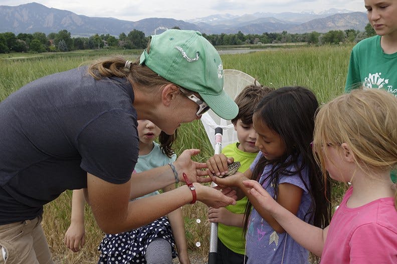 Adult showing small object to children outdoors