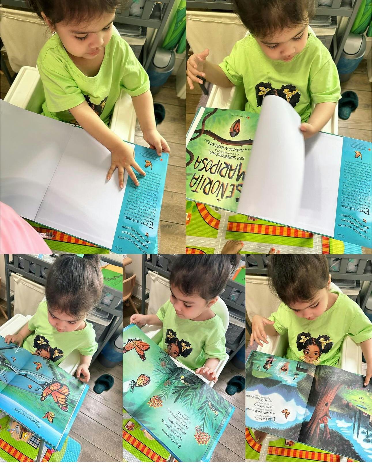 Child in a high chair looking at a book