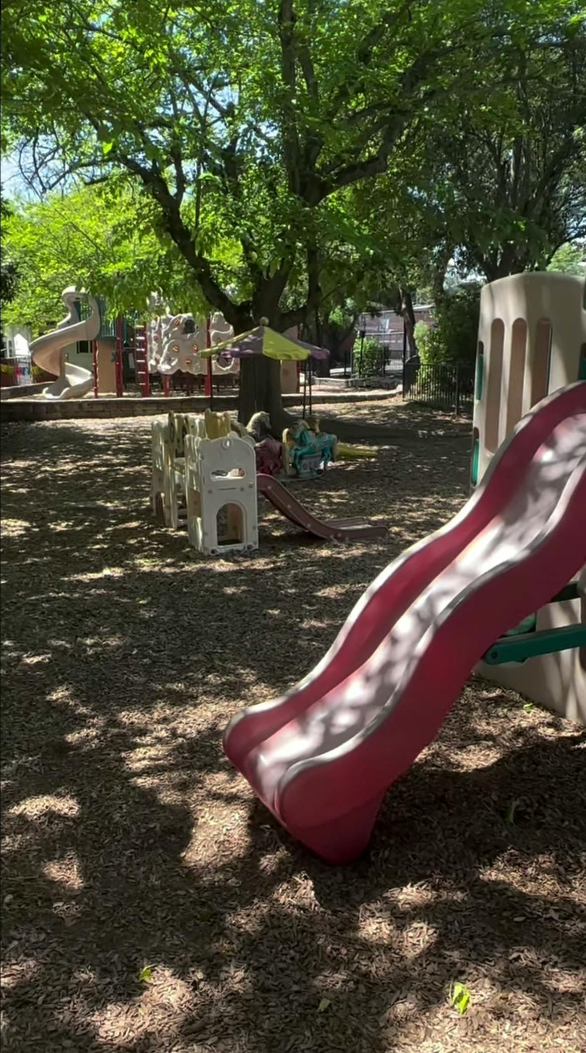 Playground with multiple slides and climbing structures under trees