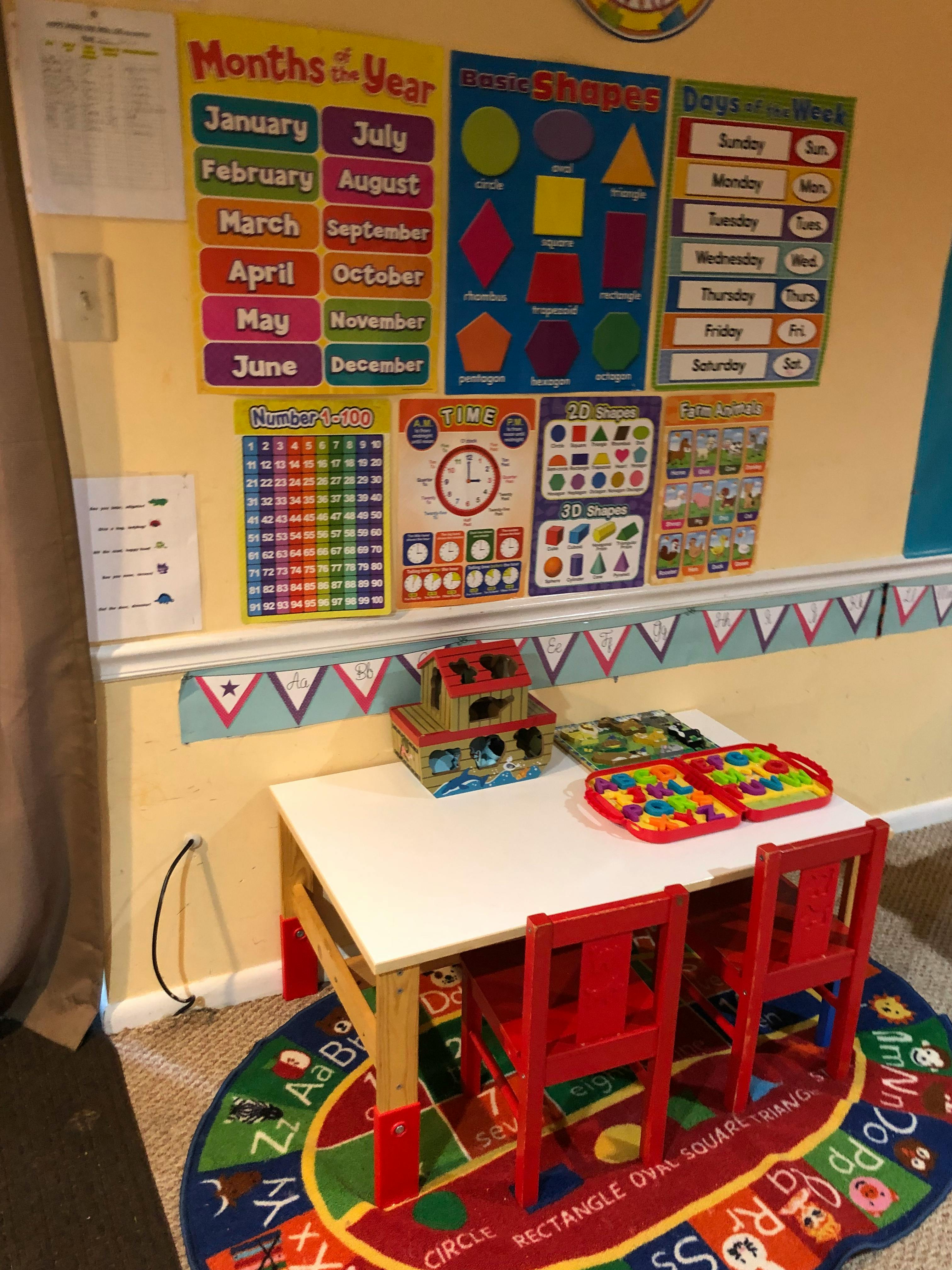 Classroom with a small table and chairs, educational posters on the wall