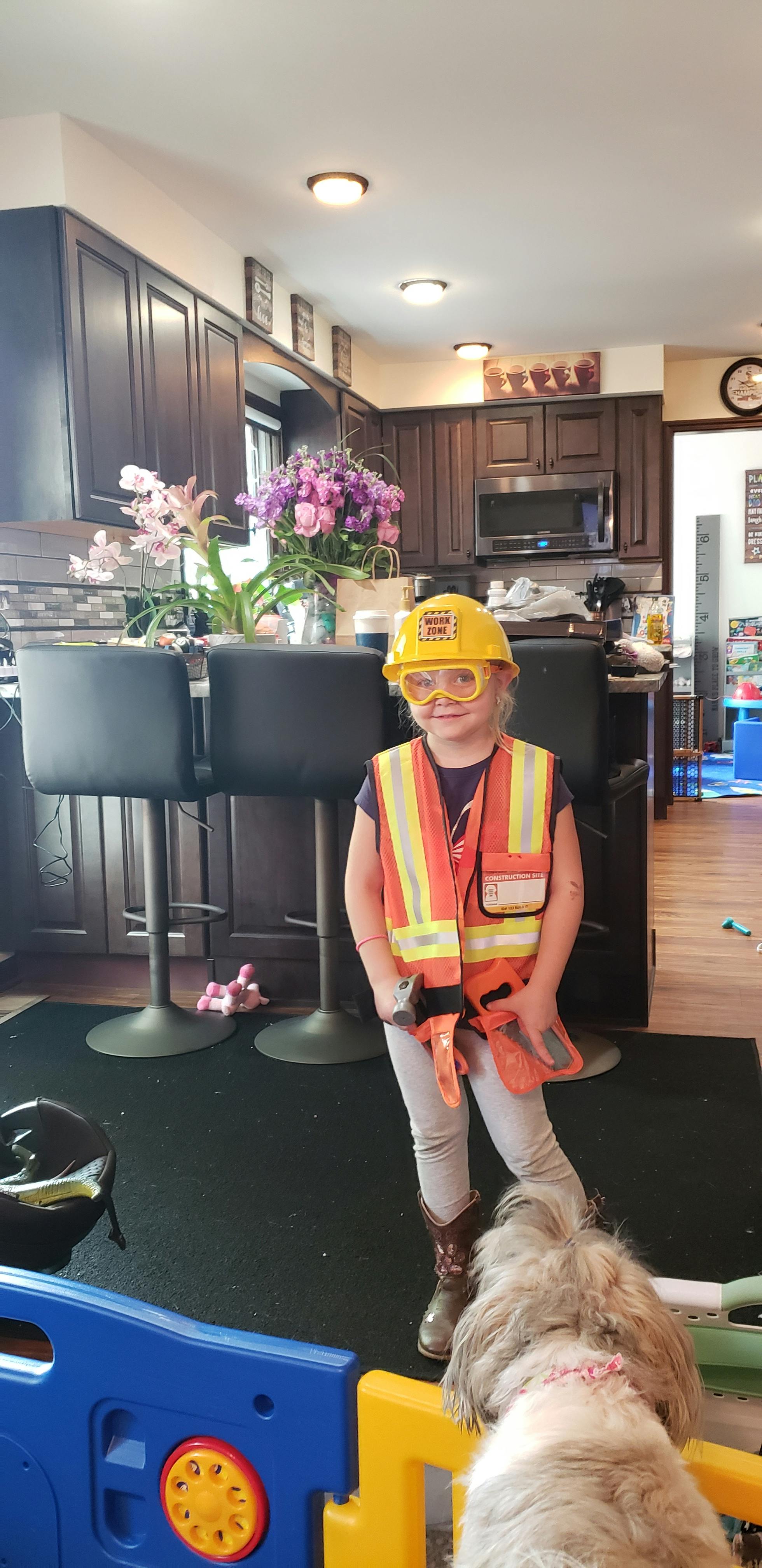 Child in a construction hat and safety vest with a dog in the foreground