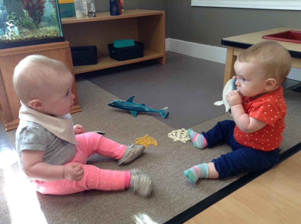 Two babies sitting on a rug with toys