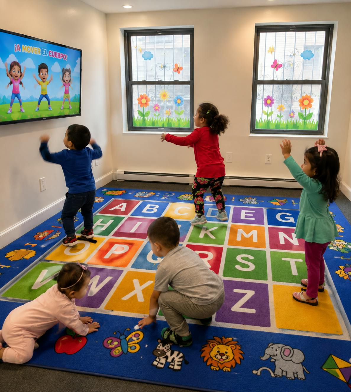 Children dancing and playing on an alphabet rug in a classroom