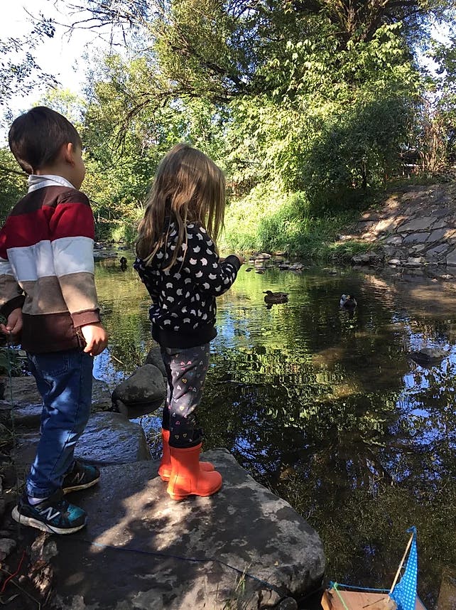 Two children standing by a stream, looking at ducks in the water