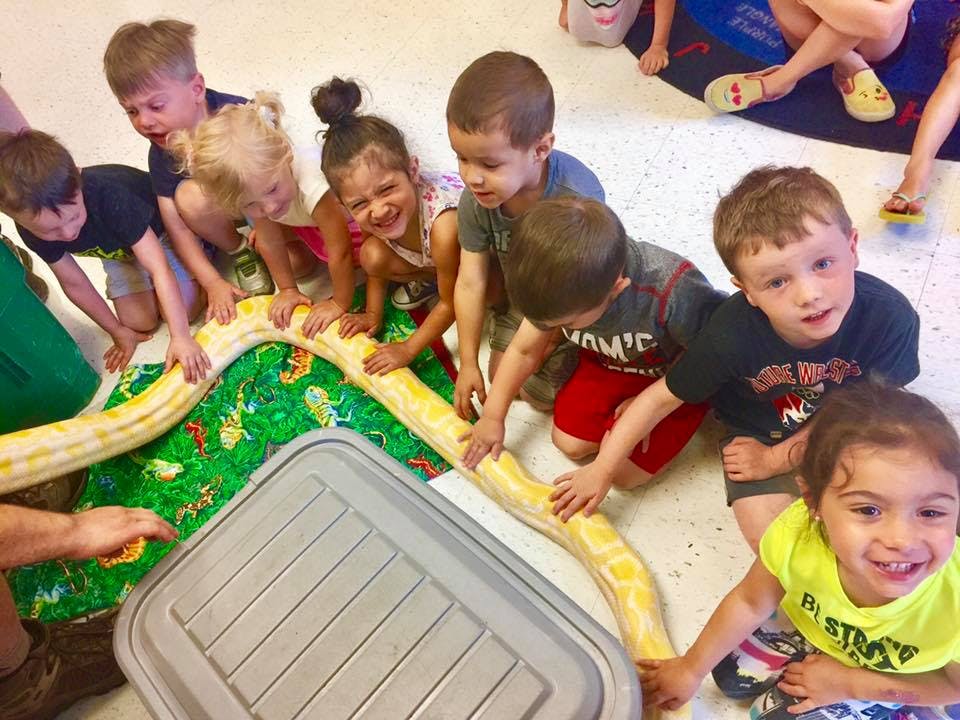 Children gathered around a large snake on a green mat