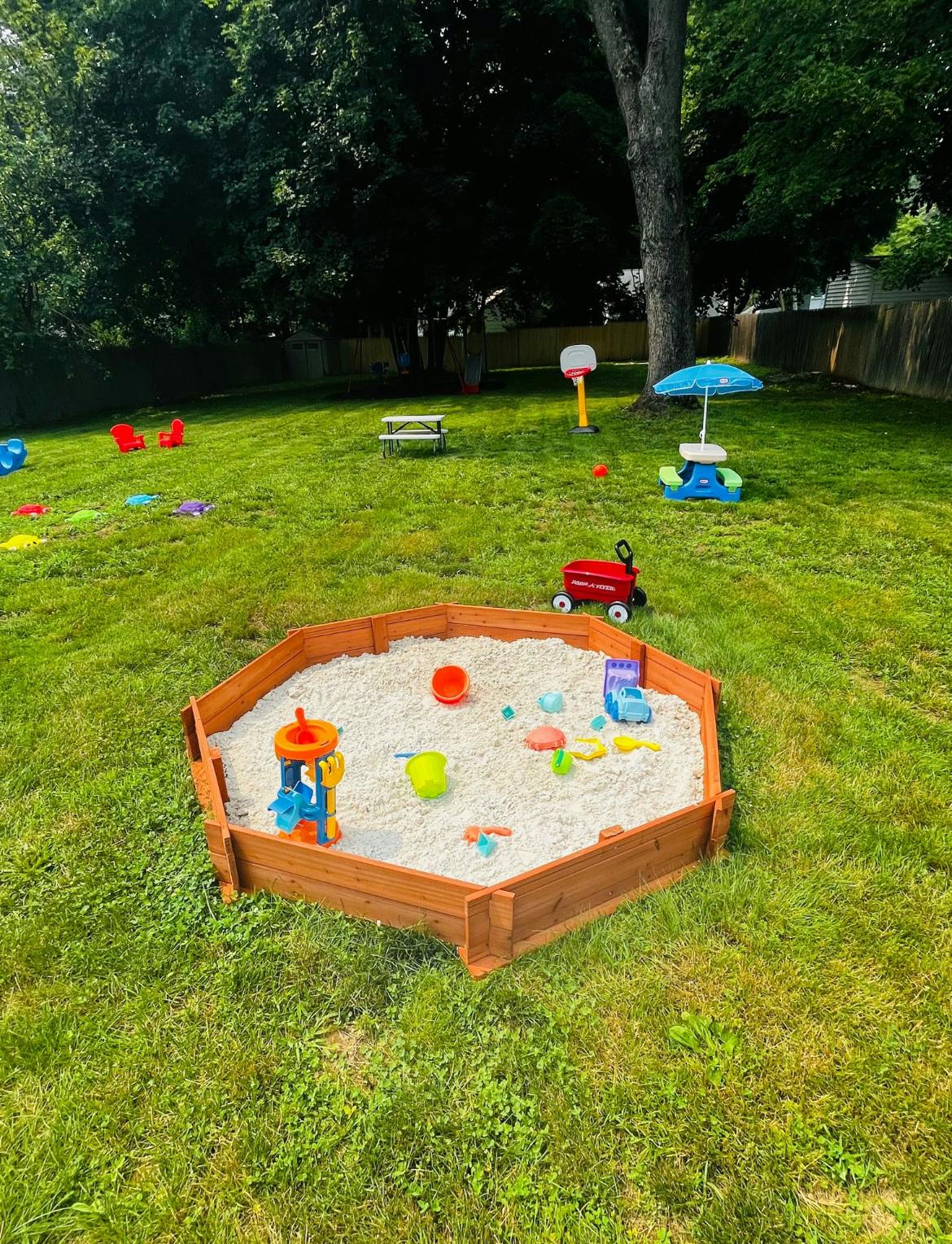 Sandpit with toys in a grassy backyard
