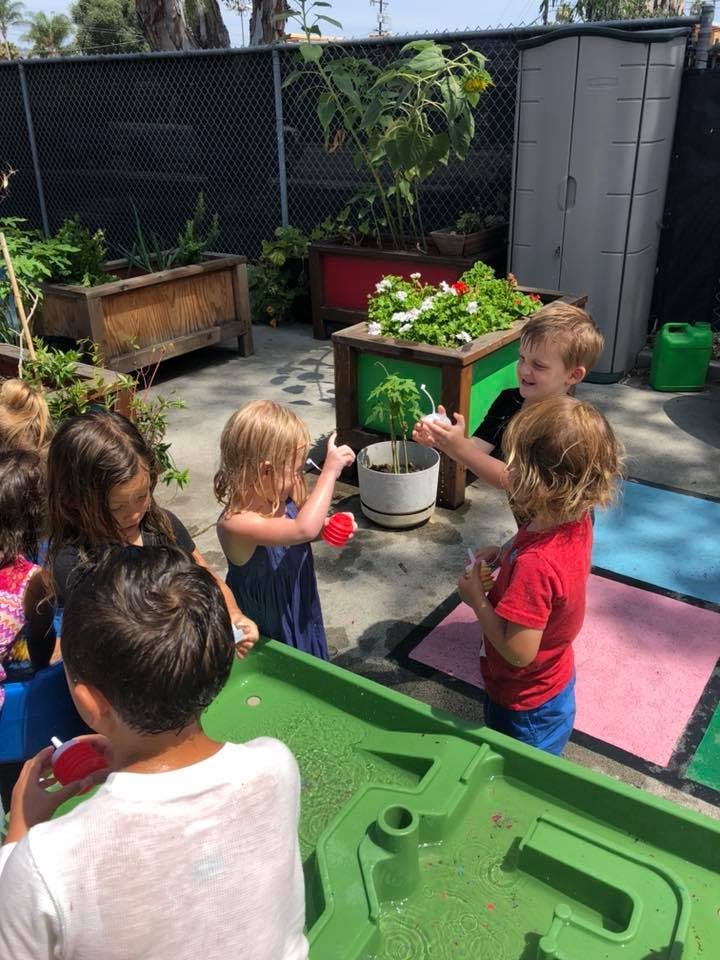Children playing with water in a garden area