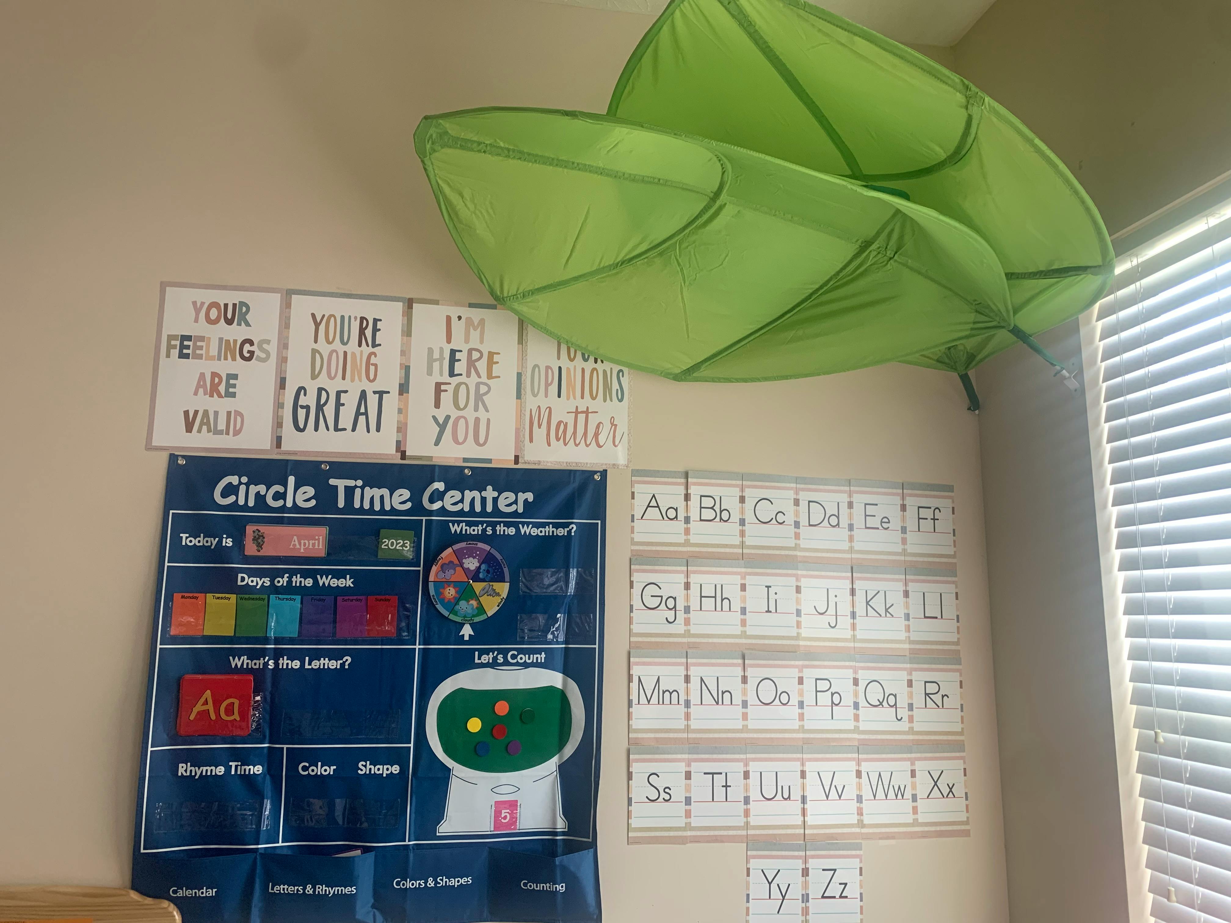 Classroom wall with a Circle Time Center chart and alphabet cards