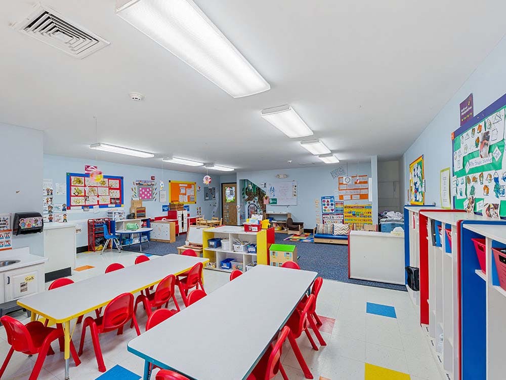 Empty classroom with small tables and chairs