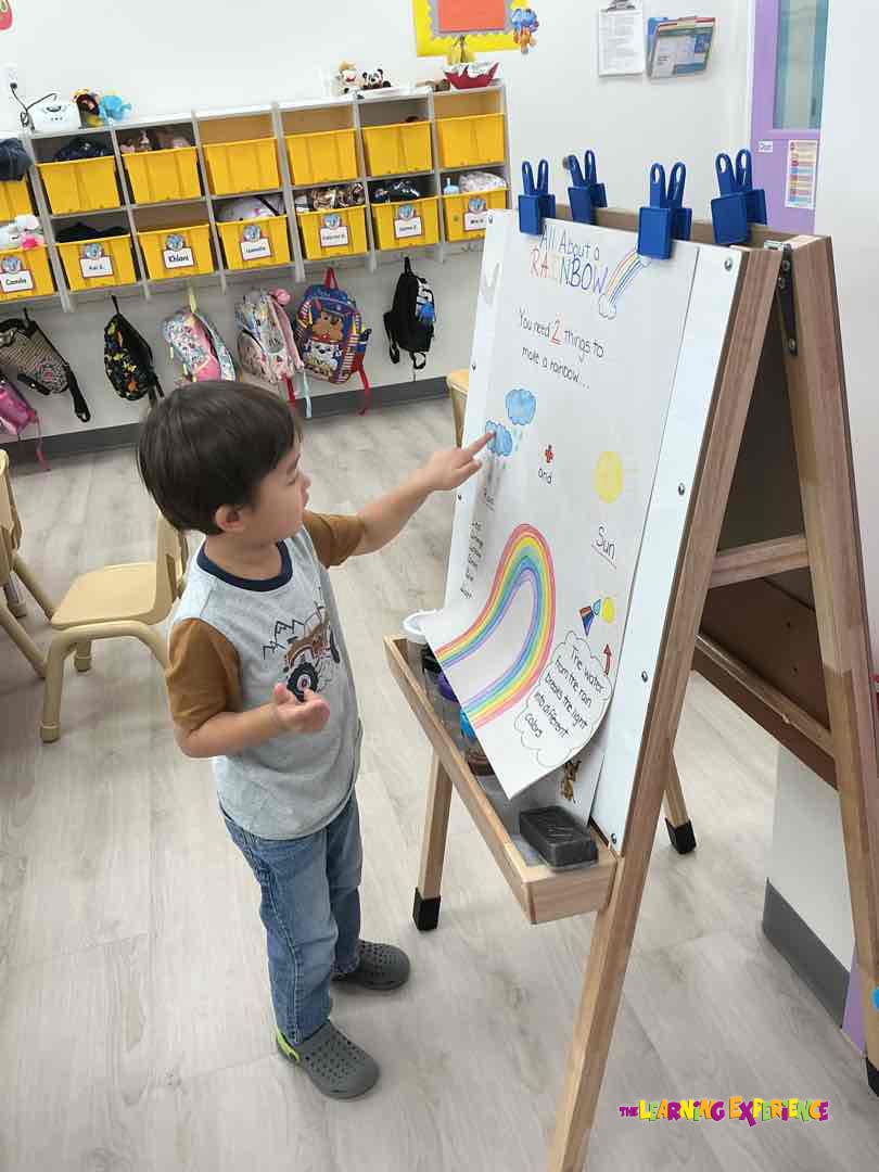 Child pointing at a whiteboard in a classroom