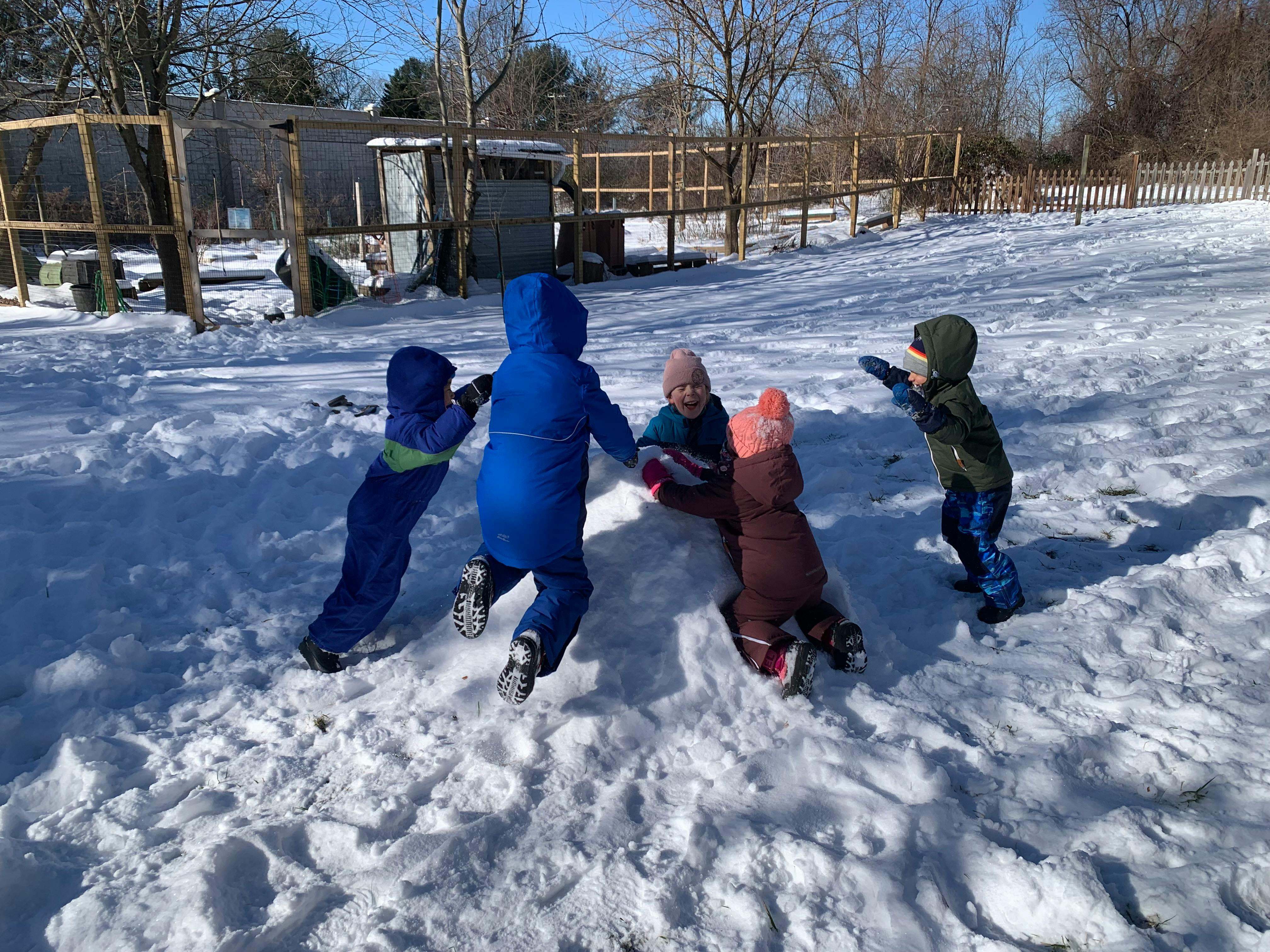 Four children playing in the snow