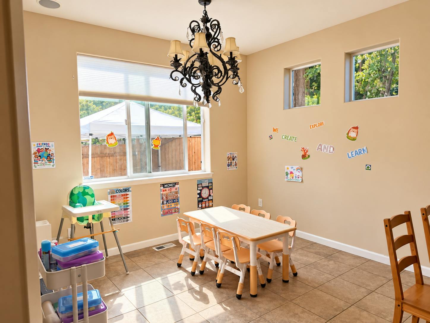 Small table and chairs in a decorated children learning space