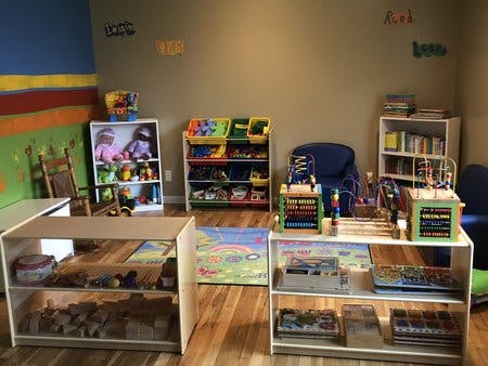 Playroom with shelves of toys, books, and a colorful rug