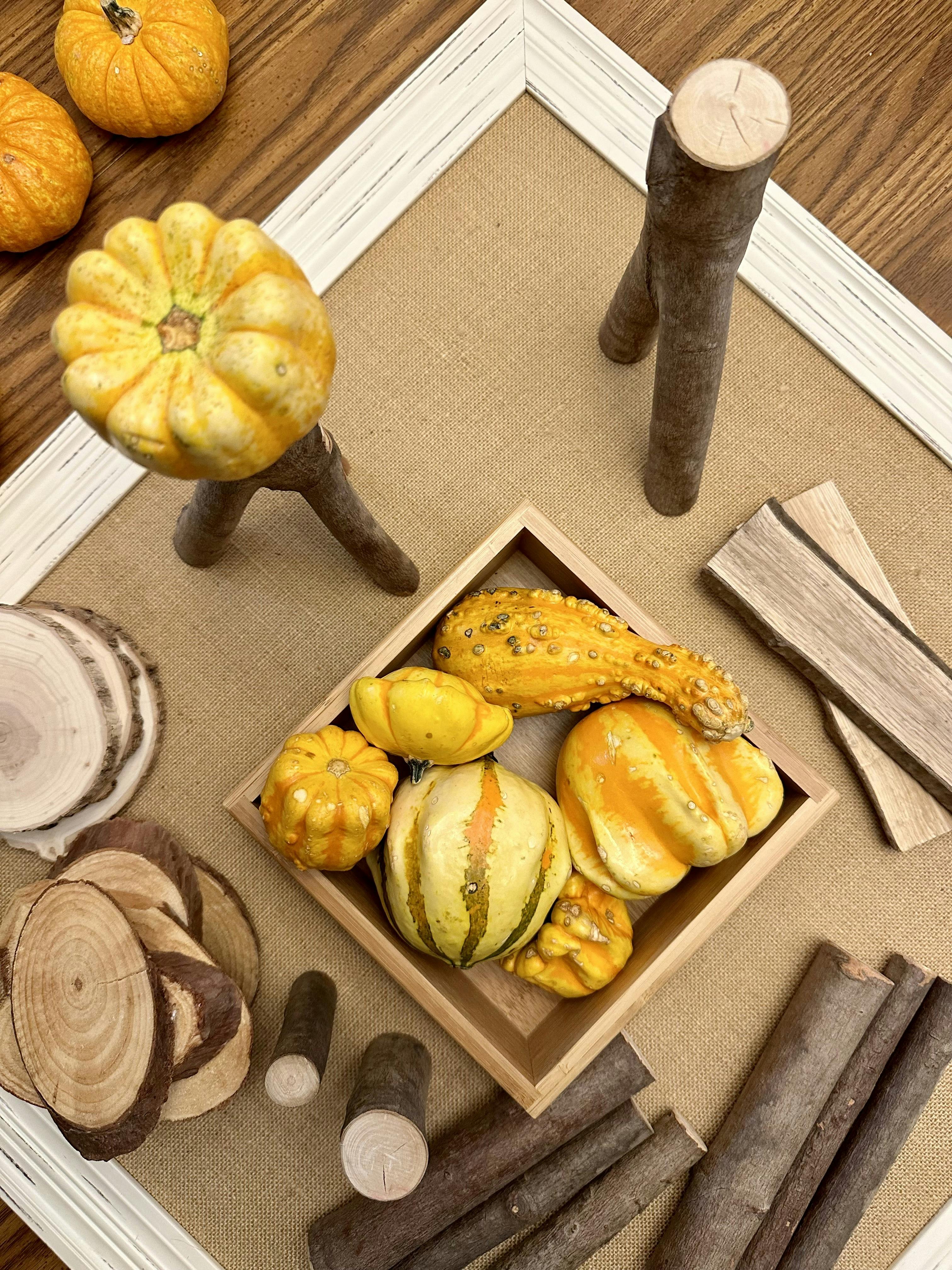Decorative gourds and wood pieces arranged on a surface
