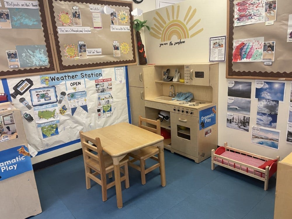 Dramatic play area in a classroom with a play kitchen and weather station bulletin board