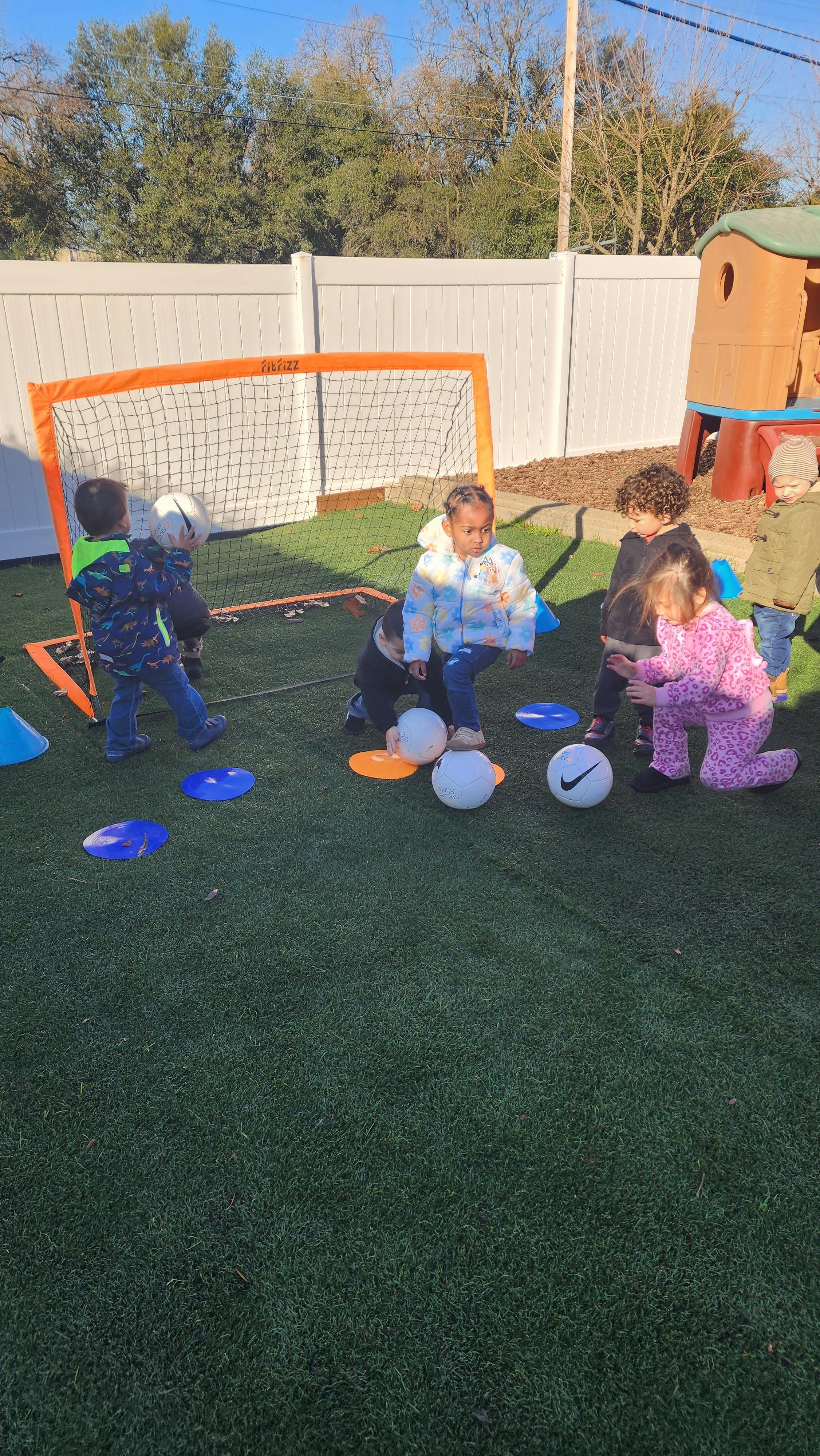Children playing with soccer balls on a grassy field near a small goal