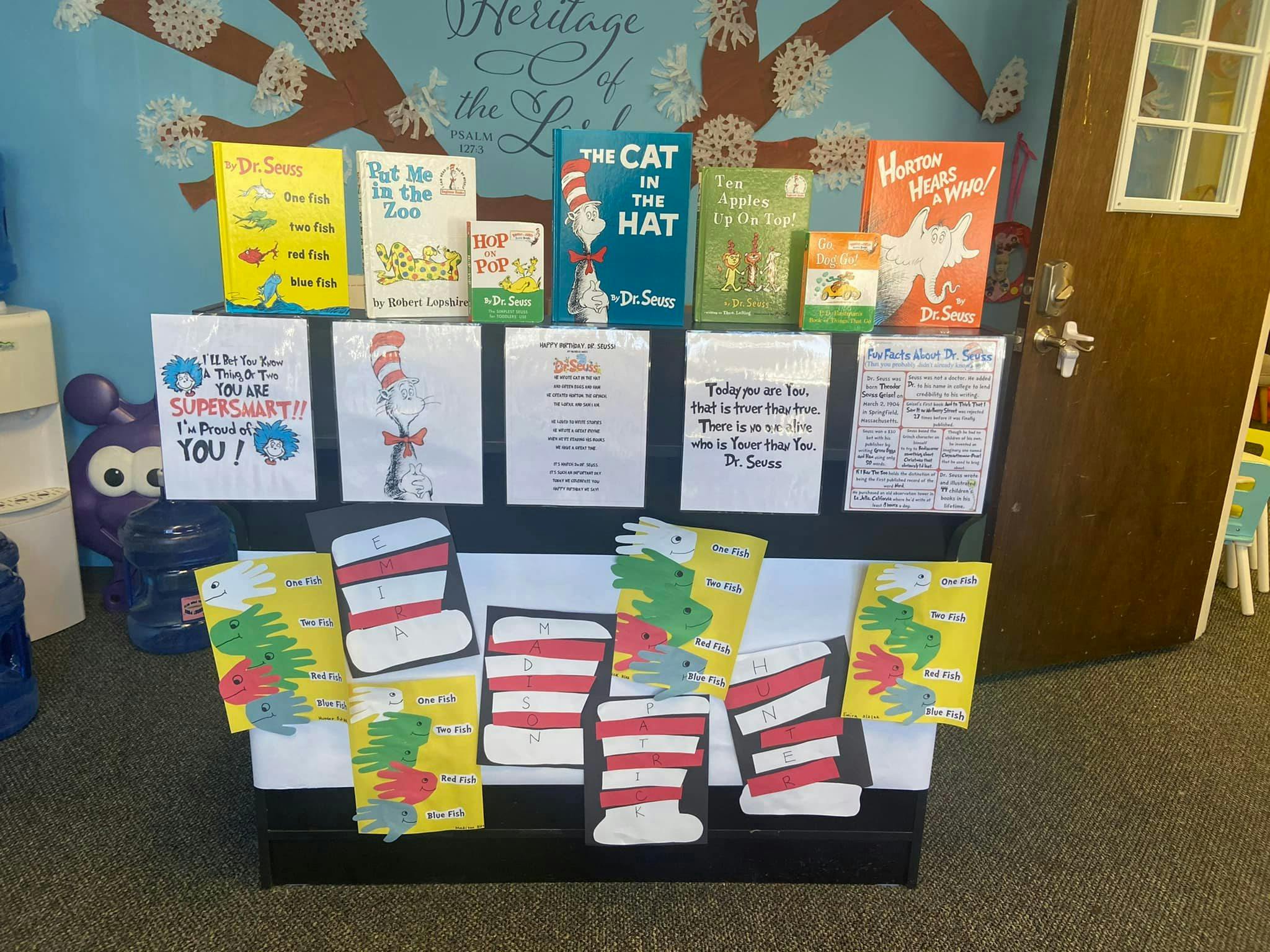 Dr. Seuss books and themed crafts in a classroom