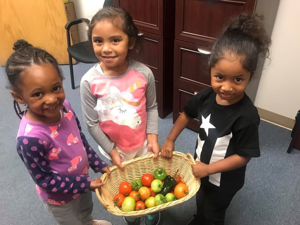 Three children holding a basket of vegetables