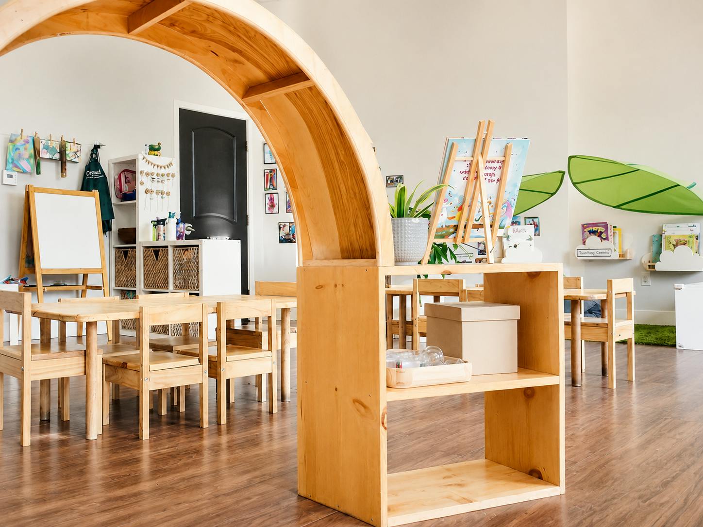 Wooden furniture and classroom seating in an early childhood education space