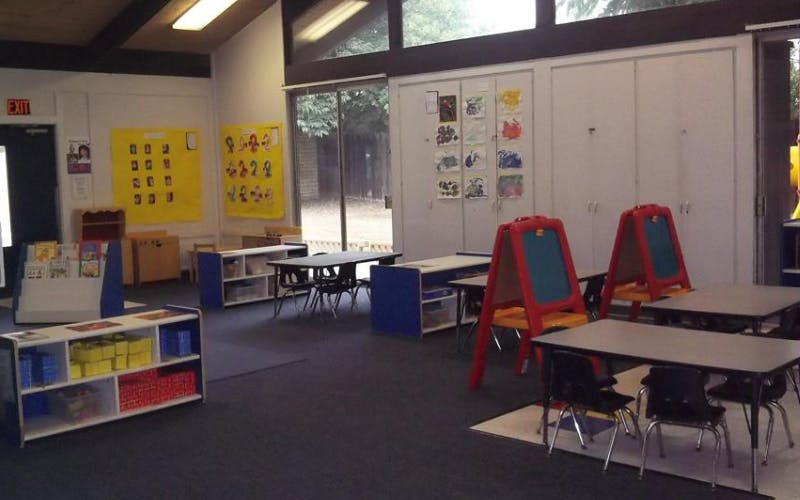 Empty classroom with small tables, chairs, and easels