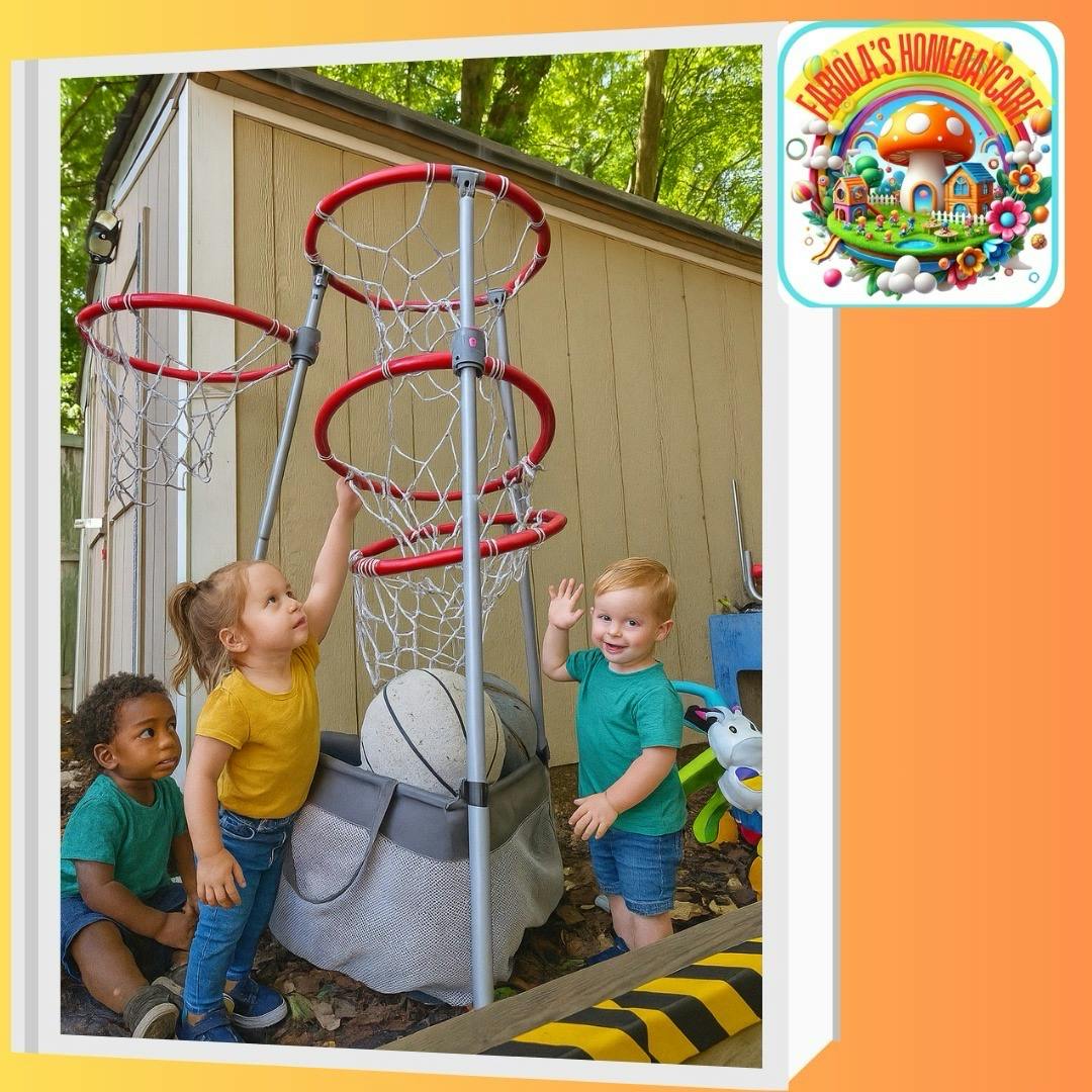 Three children playing with a multi-hoop basketball stand