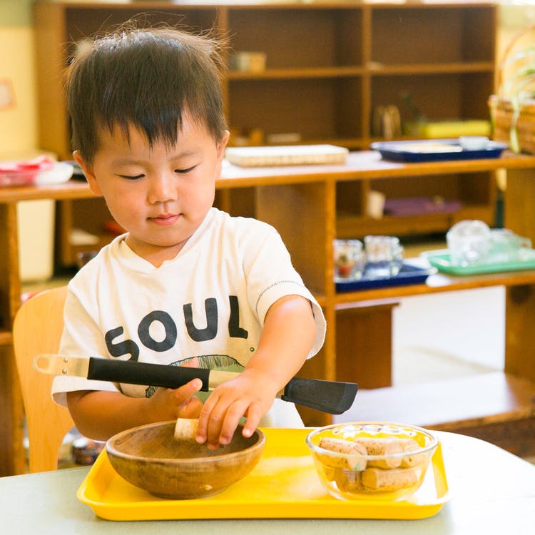 Child using a knife to cut food in a bowl
